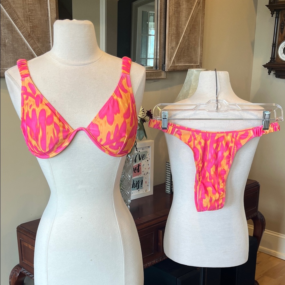 Colorful Orange Pink Splashes Bikini Top Bottoms Set Women’s Small